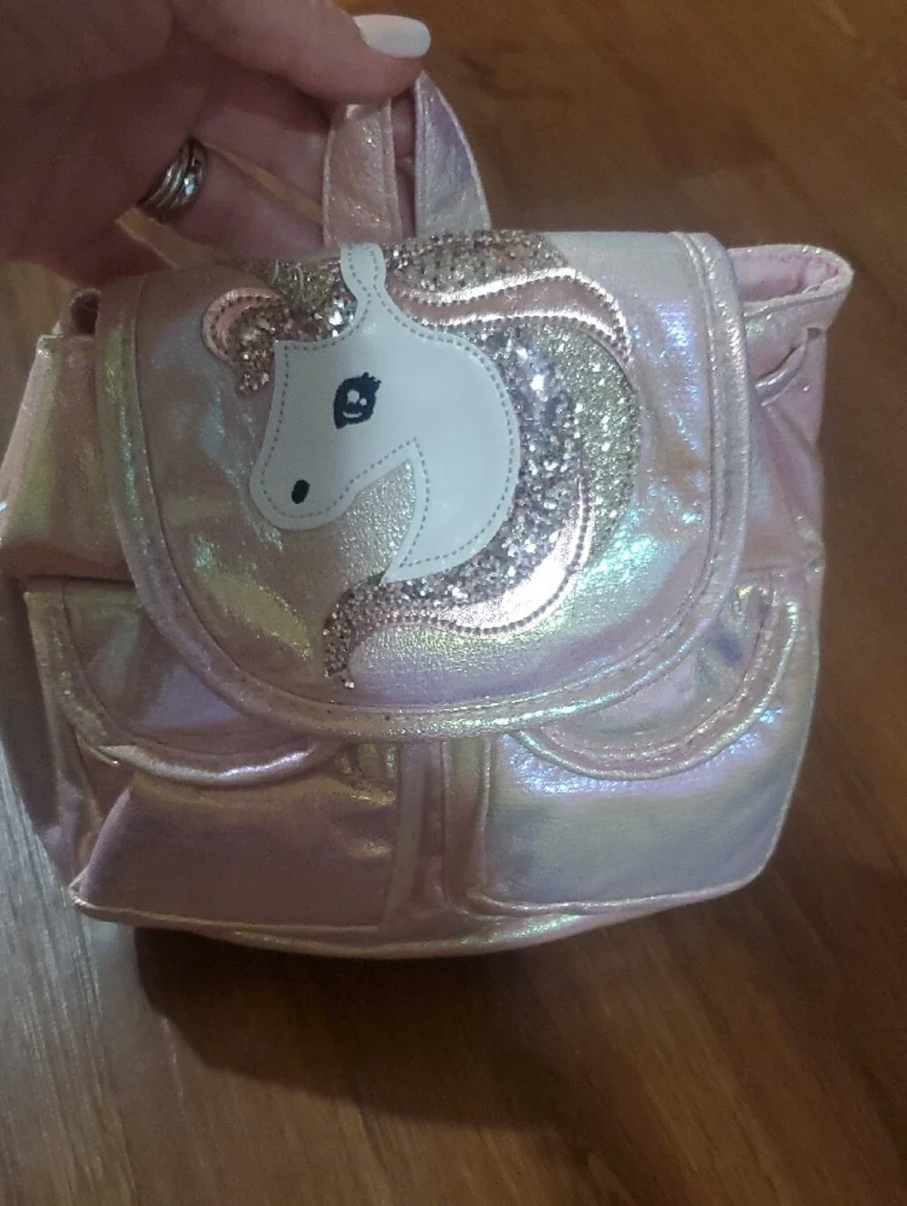 Claire's Iridescent Pink Unicorn Mini Backpack with Pink Pom Keychain